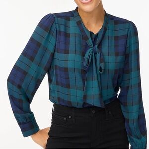 NWT J.Crew gray / blue plaid bow neck top size Small.